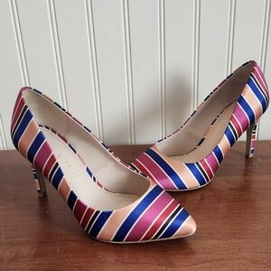 Kelly & Katie Striped Satin Pointed-Toe Pumps in Pink, Blue & Peach